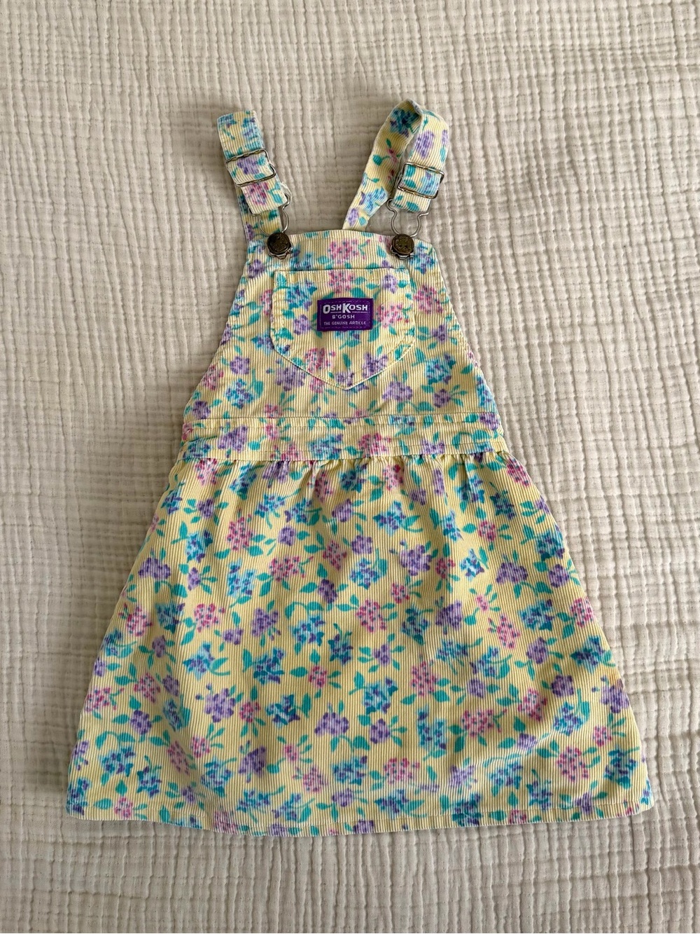 Vintage OshKosh B’gosh Yellow Floral Corduroy Pinafore Overalls Dress